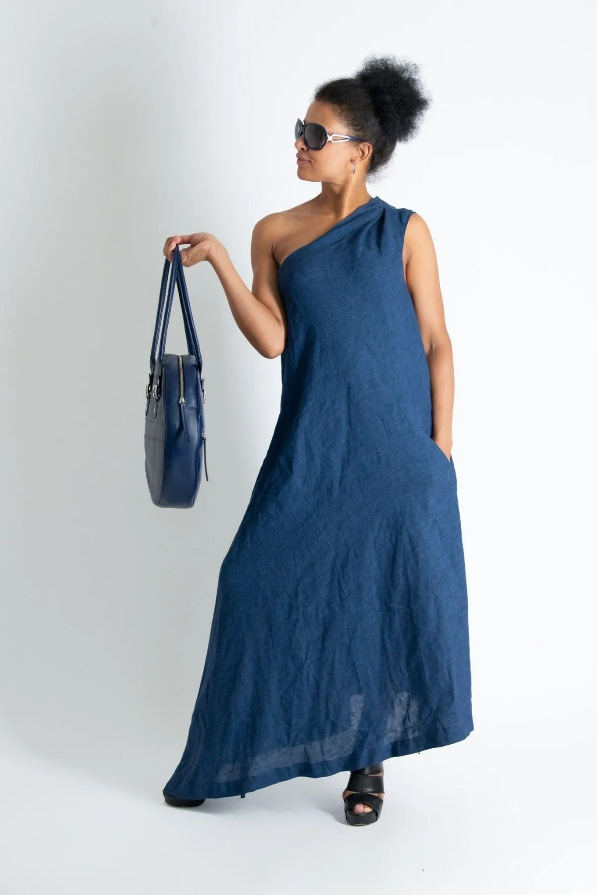 TIFFANY Navy Blue Linen Dress With One Shoulder