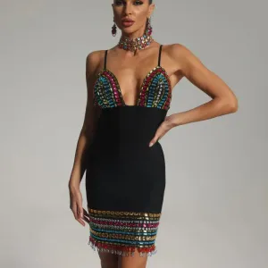 Trend4us Women's Glamorous Beaded Crystal Plunge Mini Dress