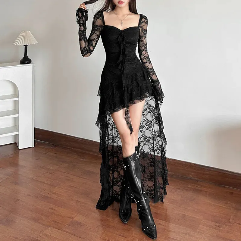 Trend4us Women's Lace Asymmetrical Long Sleeve High-Low Dress