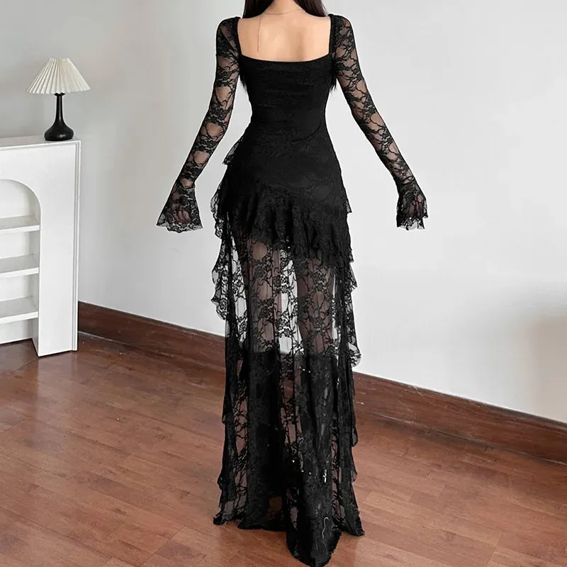 Trend4us Women's Lace Asymmetrical Long Sleeve High-Low Dress