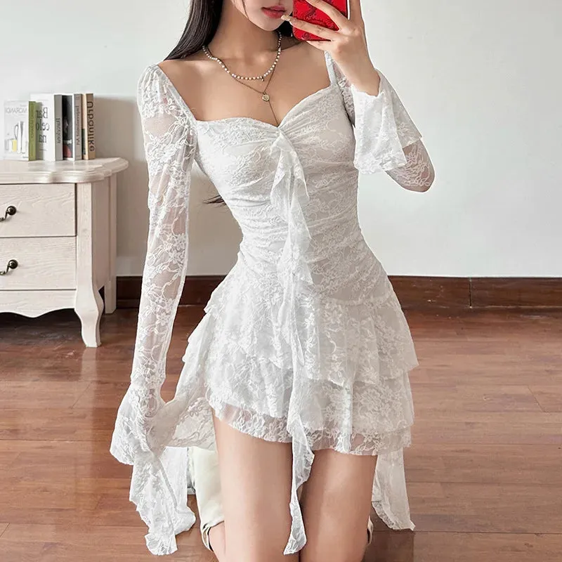 Trend4us Women's Lace Asymmetrical Long Sleeve High-Low Dress