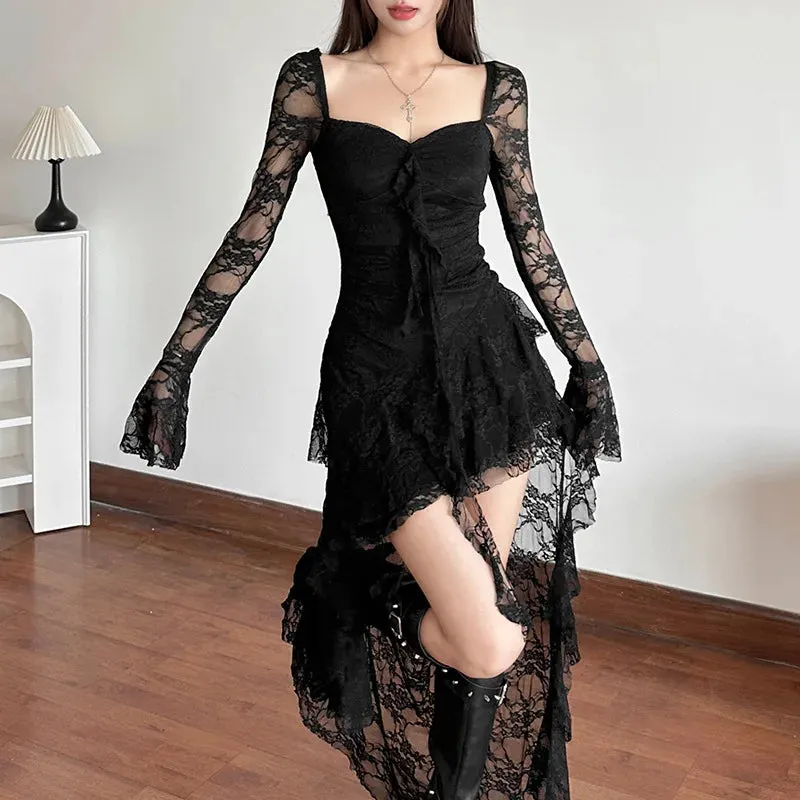 Trend4us Women's Lace Asymmetrical Long Sleeve High-Low Dress