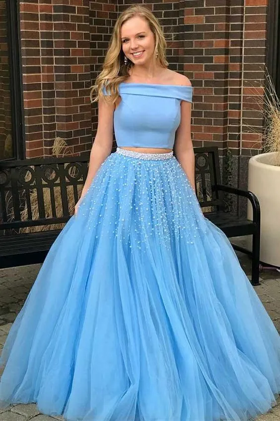 Two Piece Blue Off Shoulders Tulle Skirt Long Graduation Dress Prom Dress,GDC1277