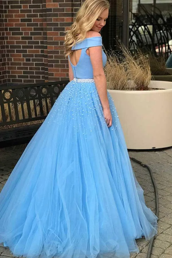 Two Piece Blue Off Shoulders Tulle Skirt Long Graduation Dress Prom Dress,GDC1277