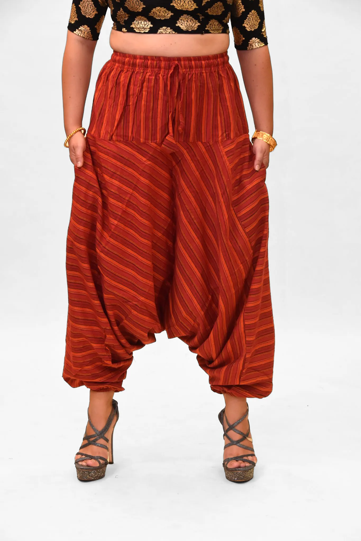 Unisex Cotton Chili Red Striped Harem pants