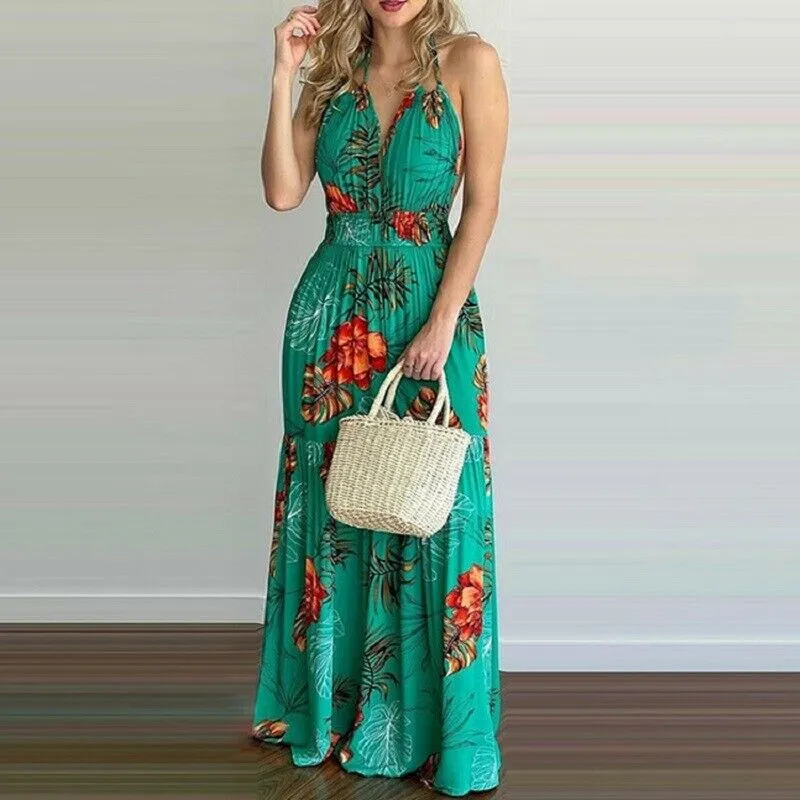 V Neck Backless Sleeveless Floral Summer Beach Loose Dress