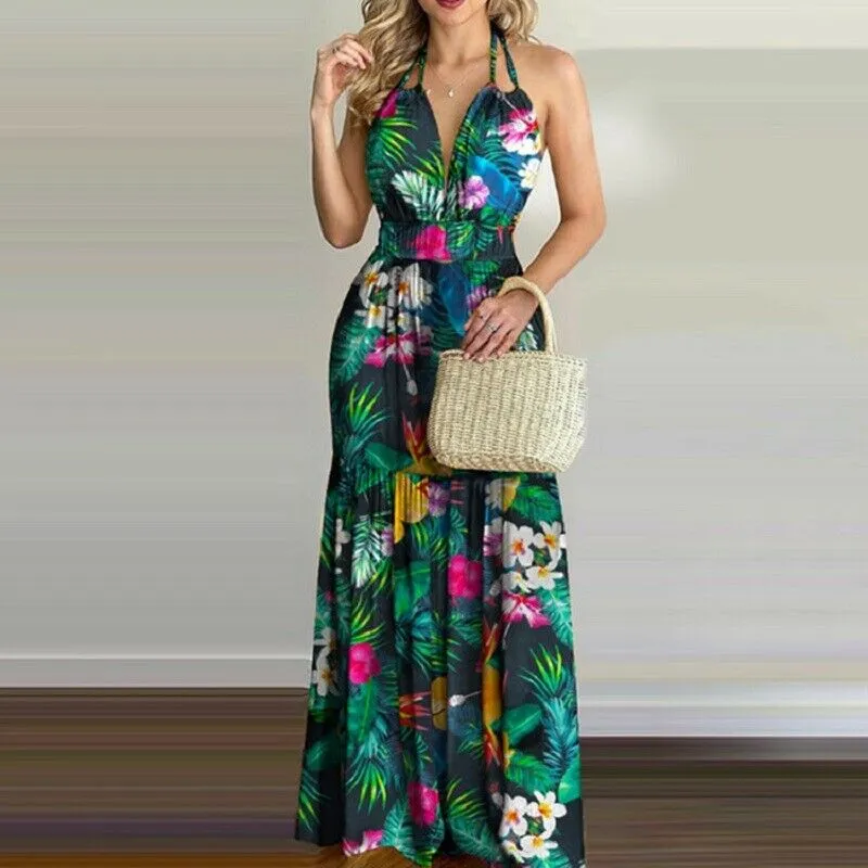 V Neck Backless Sleeveless Floral Summer Beach Loose Dress