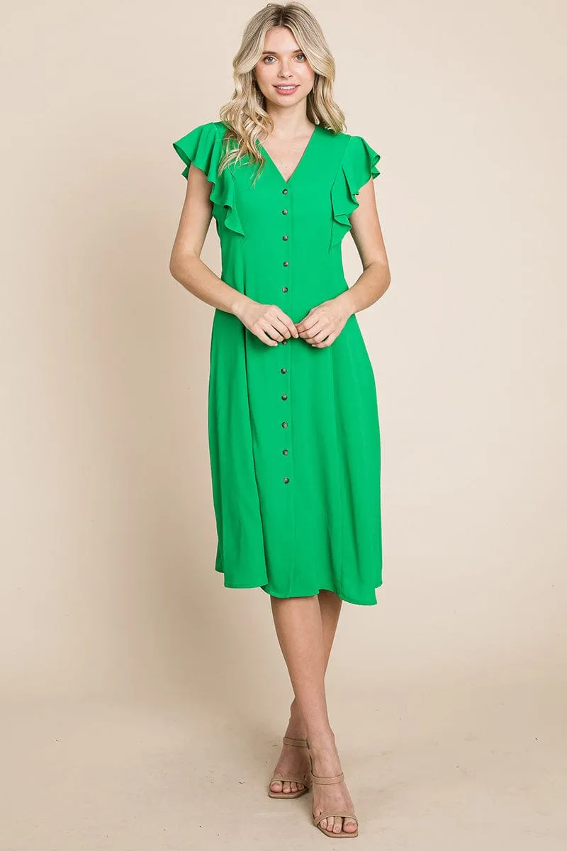 V neck Flutter Sleeve A line Midi Dress