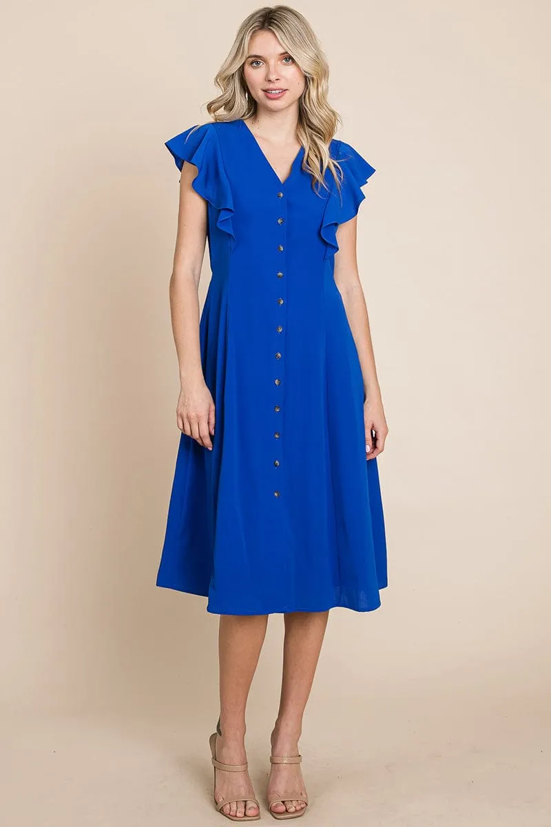 V neck Flutter Sleeve A line Midi Dress