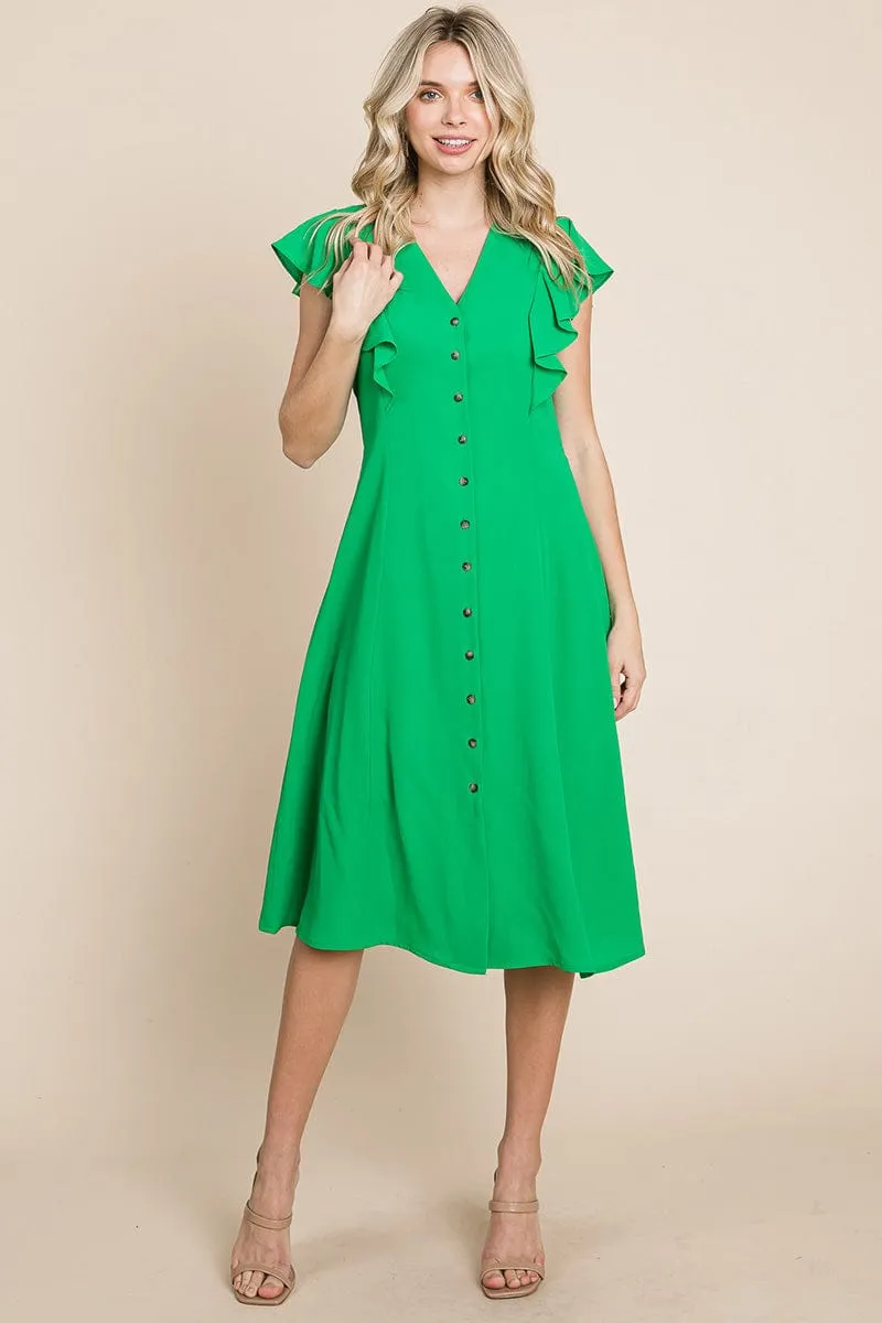 V neck Flutter Sleeve A line Midi Dress