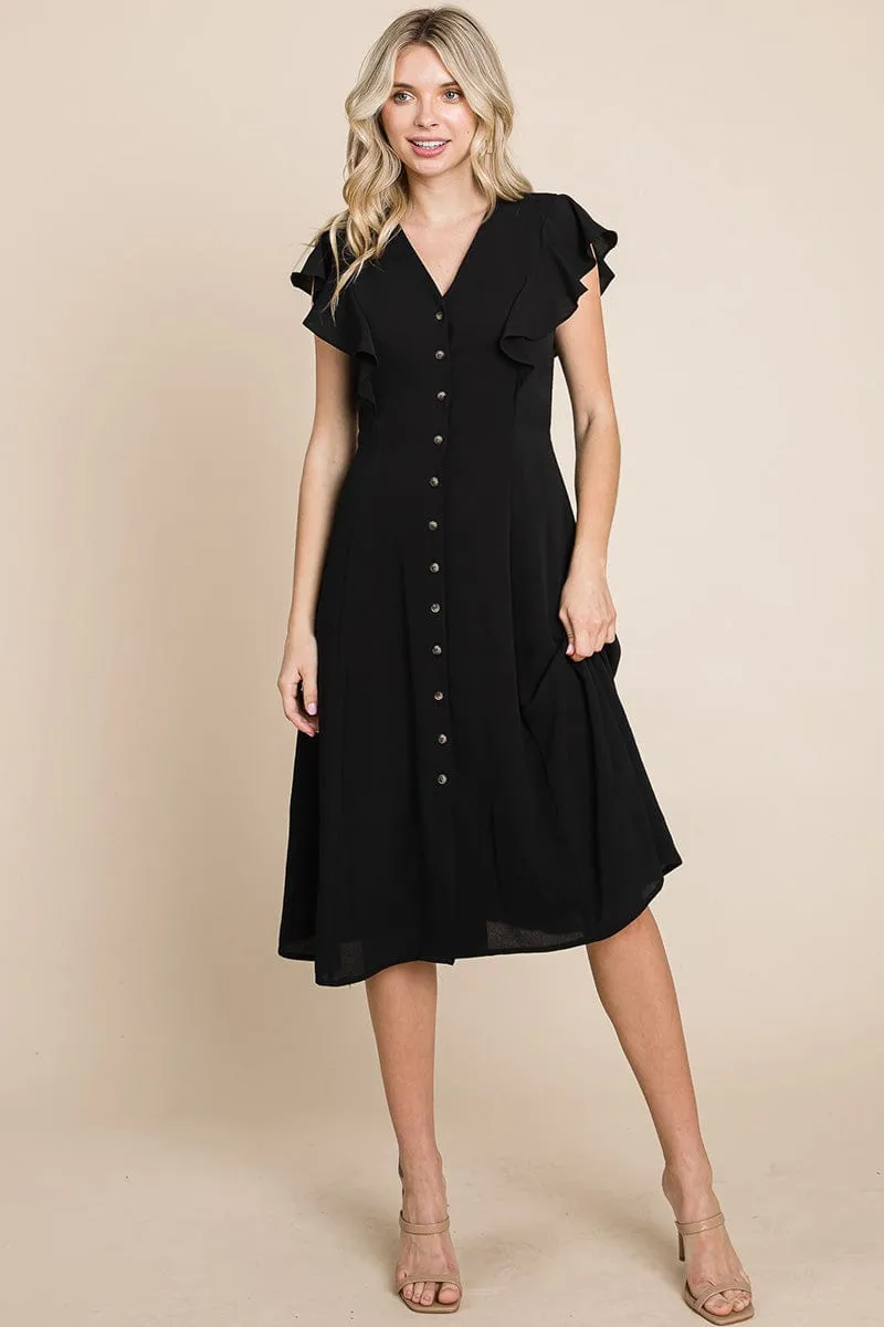 V neck Flutter Sleeve A line Midi Dress