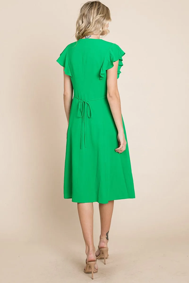 V neck Flutter Sleeve A line Midi Dress