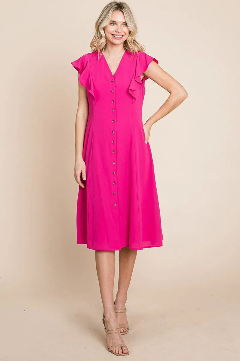 V neck Flutter Sleeve A line Midi Dress