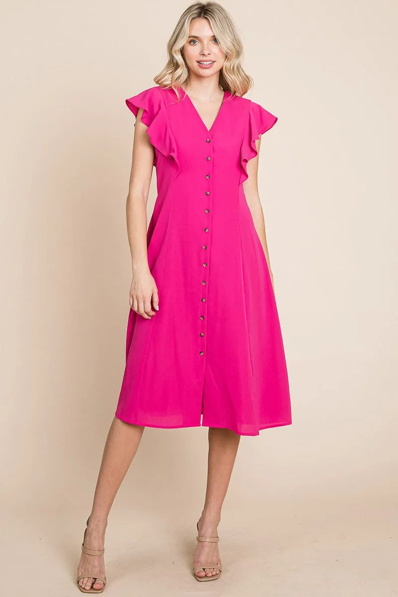 V neck Flutter Sleeve A line Midi Dress