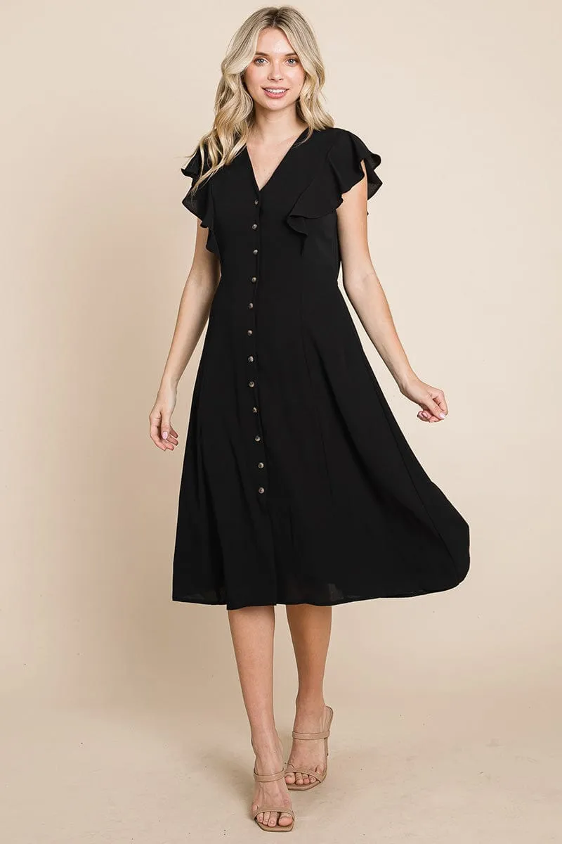 V neck Flutter Sleeve A line Midi Dress