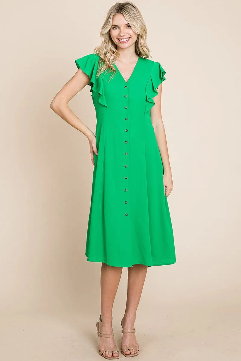 V neck Flutter Sleeve A line Midi Dress