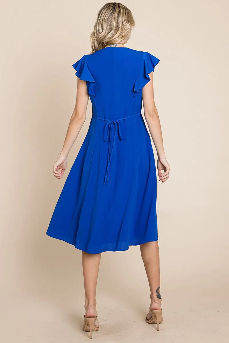 V neck Flutter Sleeve A line Midi Dress