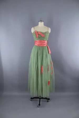 Vintage 1950s Formal Dress / Sage Green & Pink Satin Leaf Appliqué