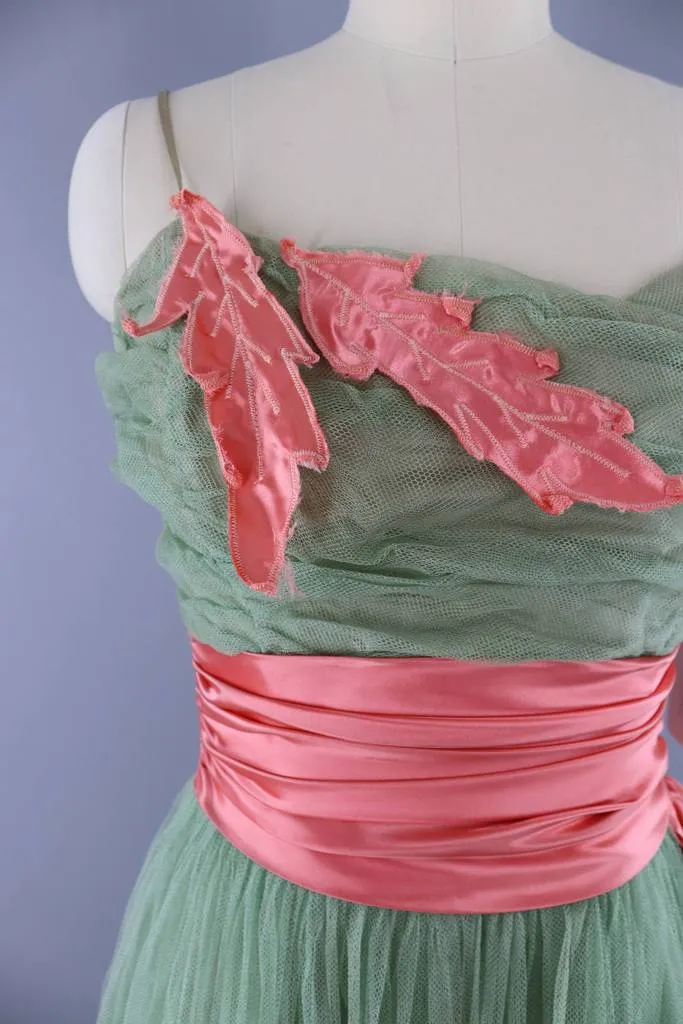 Vintage 1950s Formal Dress / Sage Green & Pink Satin Leaf Appliqué