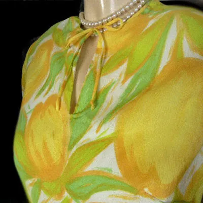 *VINTAGE 50s / '60s YELLOW & GREEN TULIPS NOVELTY DRESS ADORNED WITH METAL ZIPPER