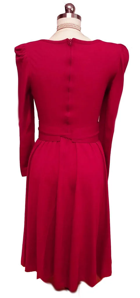 *VINTAGE 60s / 70s VICKY VAUGHN SCARLET FULL SKIRT JERSEY-LIKE DRESS WITH CUMMBERBUND