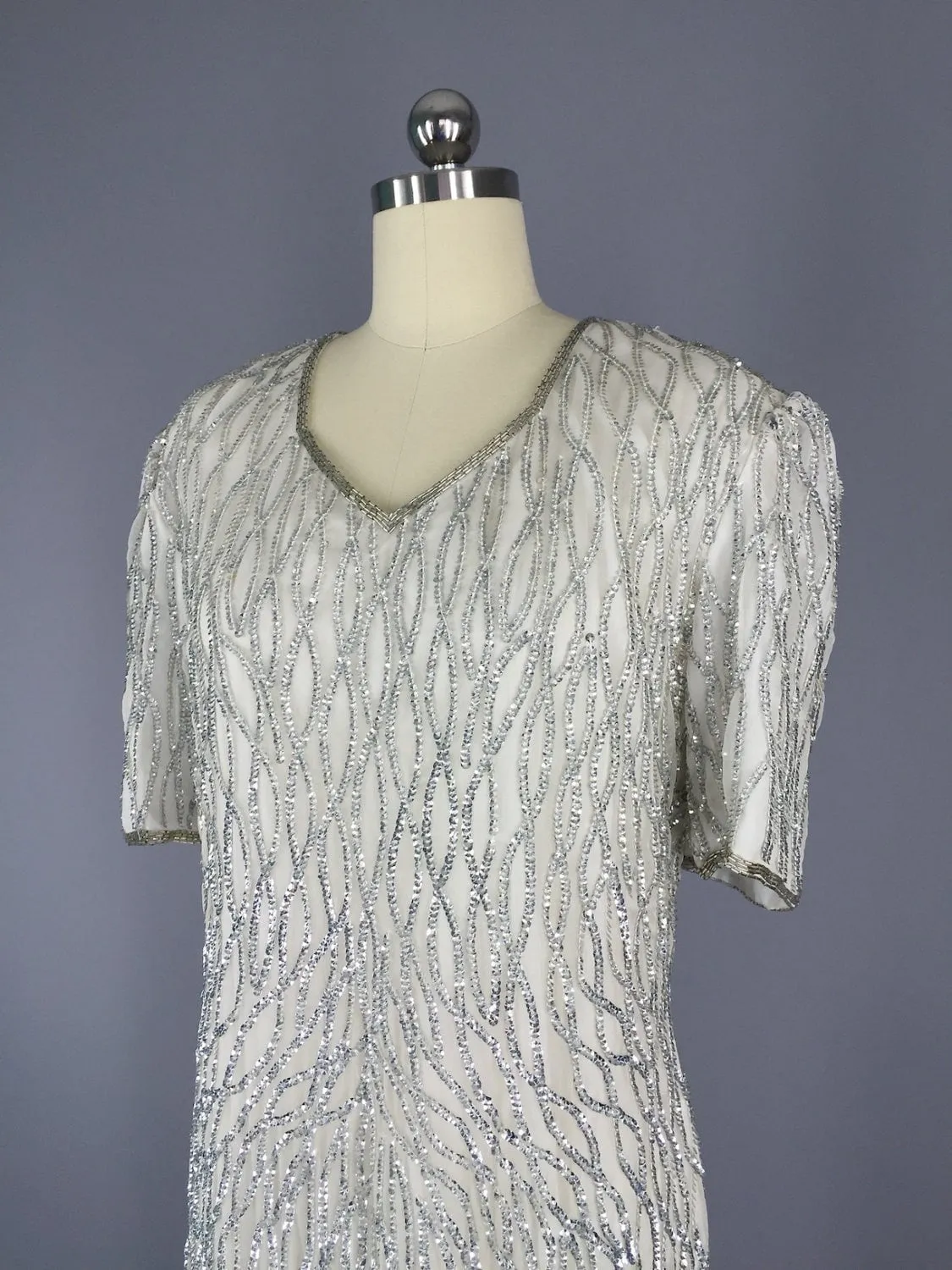 Vintage 80s Dress / Silver White Beaded Dress