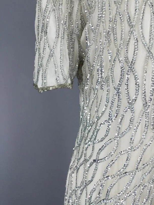 Vintage 80s Dress / Silver White Beaded Dress