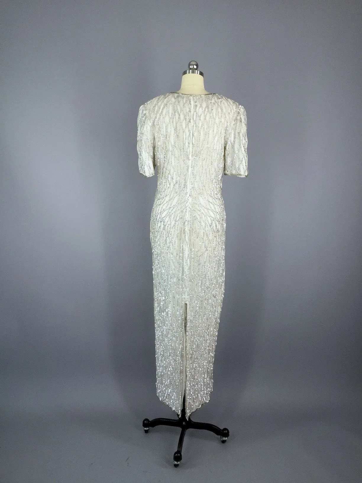 Vintage 80s Dress / Silver White Beaded Dress