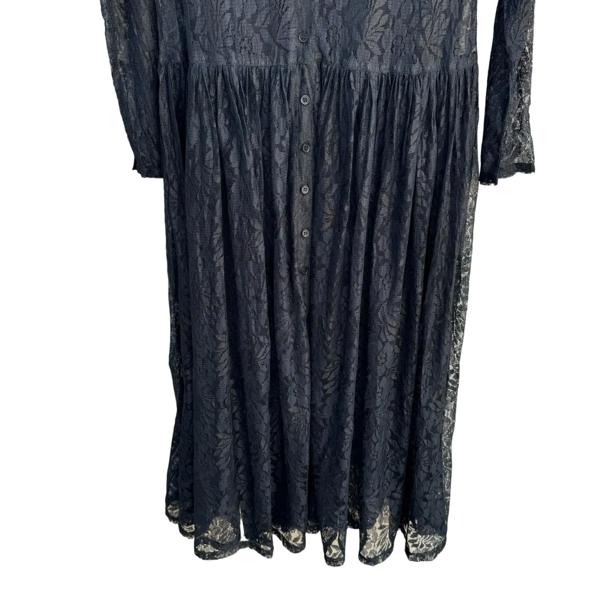 Vintage Boho Goth Black Lace Long Sleeve V Neck Semi Sheer Button Up Midi Dress