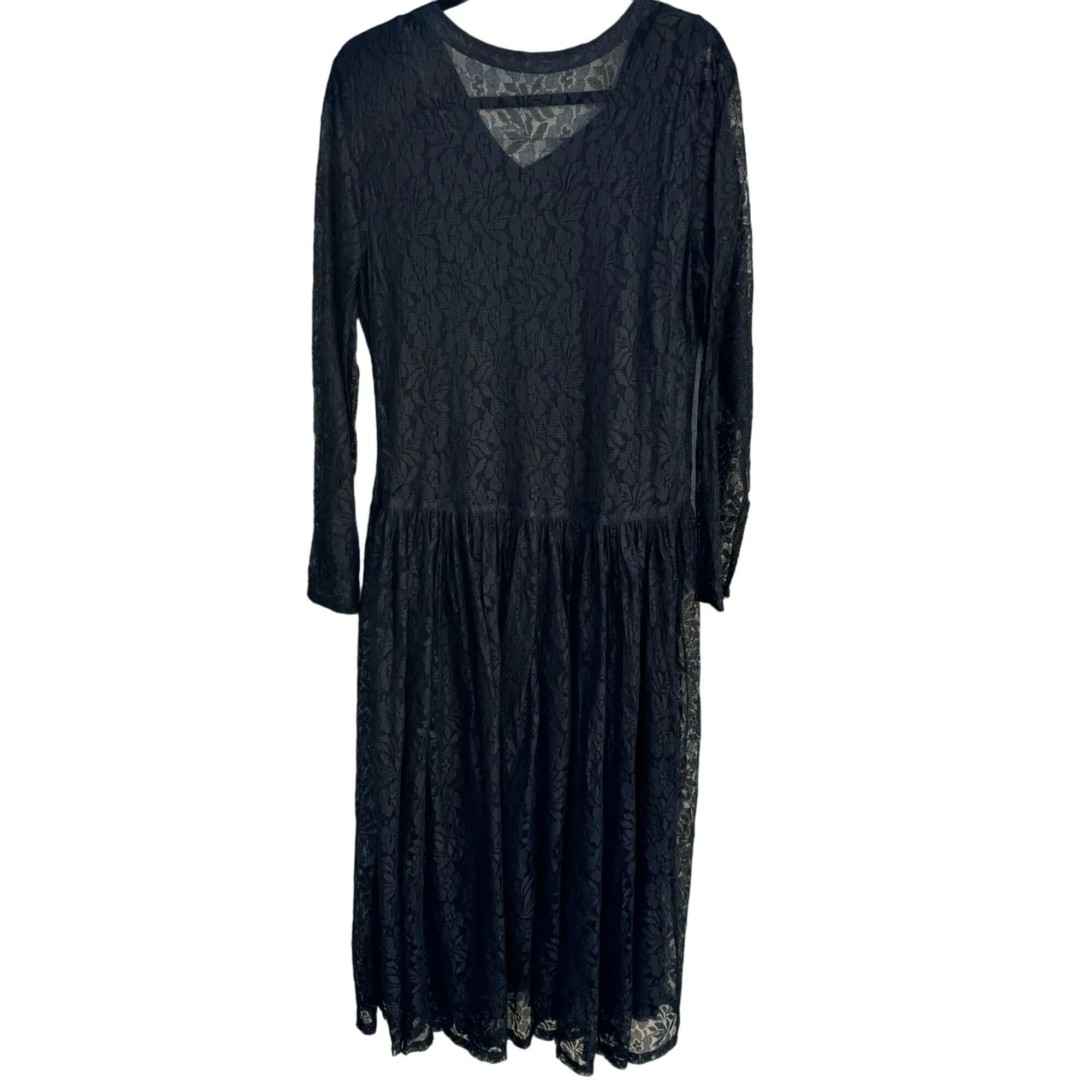 Vintage Boho Goth Black Lace Long Sleeve V Neck Semi Sheer Button Up Midi Dress