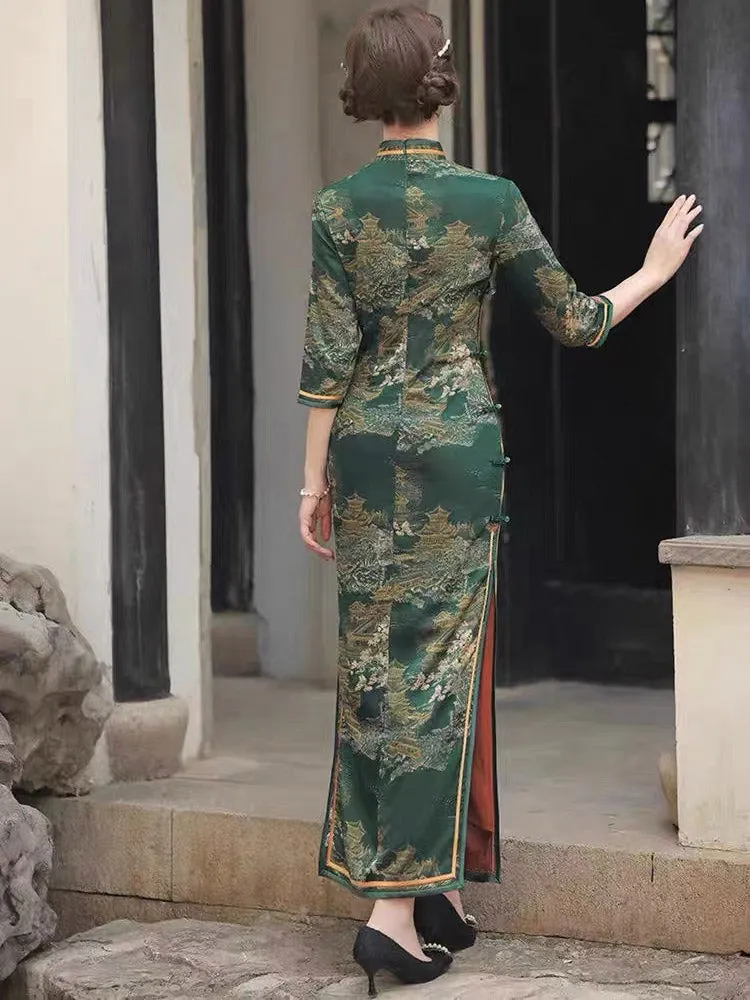 Vintage Ink Green Chinese Ancient Architecture Printed Mid-sleeve Cheongsam Dress