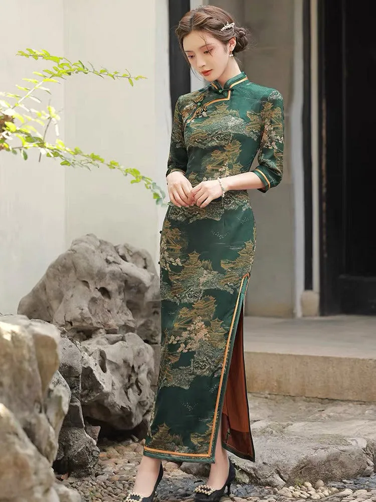 Vintage Ink Green Chinese Ancient Architecture Printed Mid-sleeve Cheongsam Dress