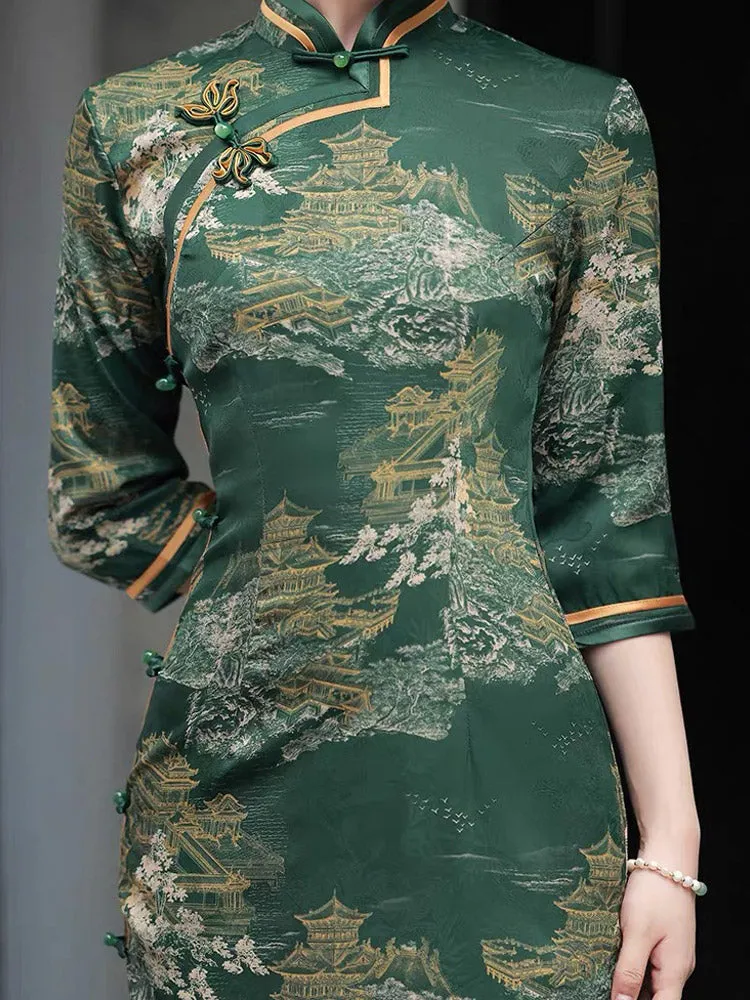 Vintage Ink Green Chinese Ancient Architecture Printed Mid-sleeve Cheongsam Dress