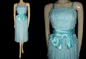 *VINTAGE JO ED SOPHISTICATES EYELASH RIBBON BOW SATIN & ORGANZA DRESS IN AQUAMARINE - NEW WITH TAG