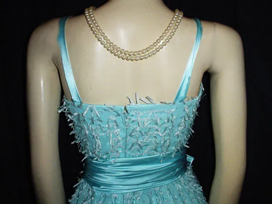 *VINTAGE JO ED SOPHISTICATES EYELASH RIBBON BOW SATIN & ORGANZA DRESS IN AQUAMARINE - NEW WITH TAG