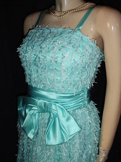 *VINTAGE JO ED SOPHISTICATES EYELASH RIBBON BOW SATIN & ORGANZA DRESS IN AQUAMARINE - NEW WITH TAG