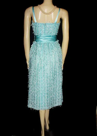 *VINTAGE JO ED SOPHISTICATES EYELASH RIBBON BOW SATIN & ORGANZA DRESS IN AQUAMARINE - NEW WITH TAG