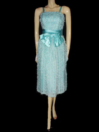 *VINTAGE JO ED SOPHISTICATES EYELASH RIBBON BOW SATIN & ORGANZA DRESS IN AQUAMARINE - NEW WITH TAG