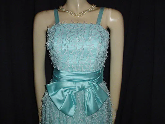 *VINTAGE JO ED SOPHISTICATES EYELASH RIBBON BOW SATIN & ORGANZA DRESS IN AQUAMARINE - NEW WITH TAG