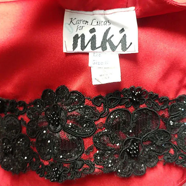 *VINTAGE KAREN LUCAS FOR NIKI EVENING DRESS WITH A CHANTILLY LACE SPARKLING BEADED HEM