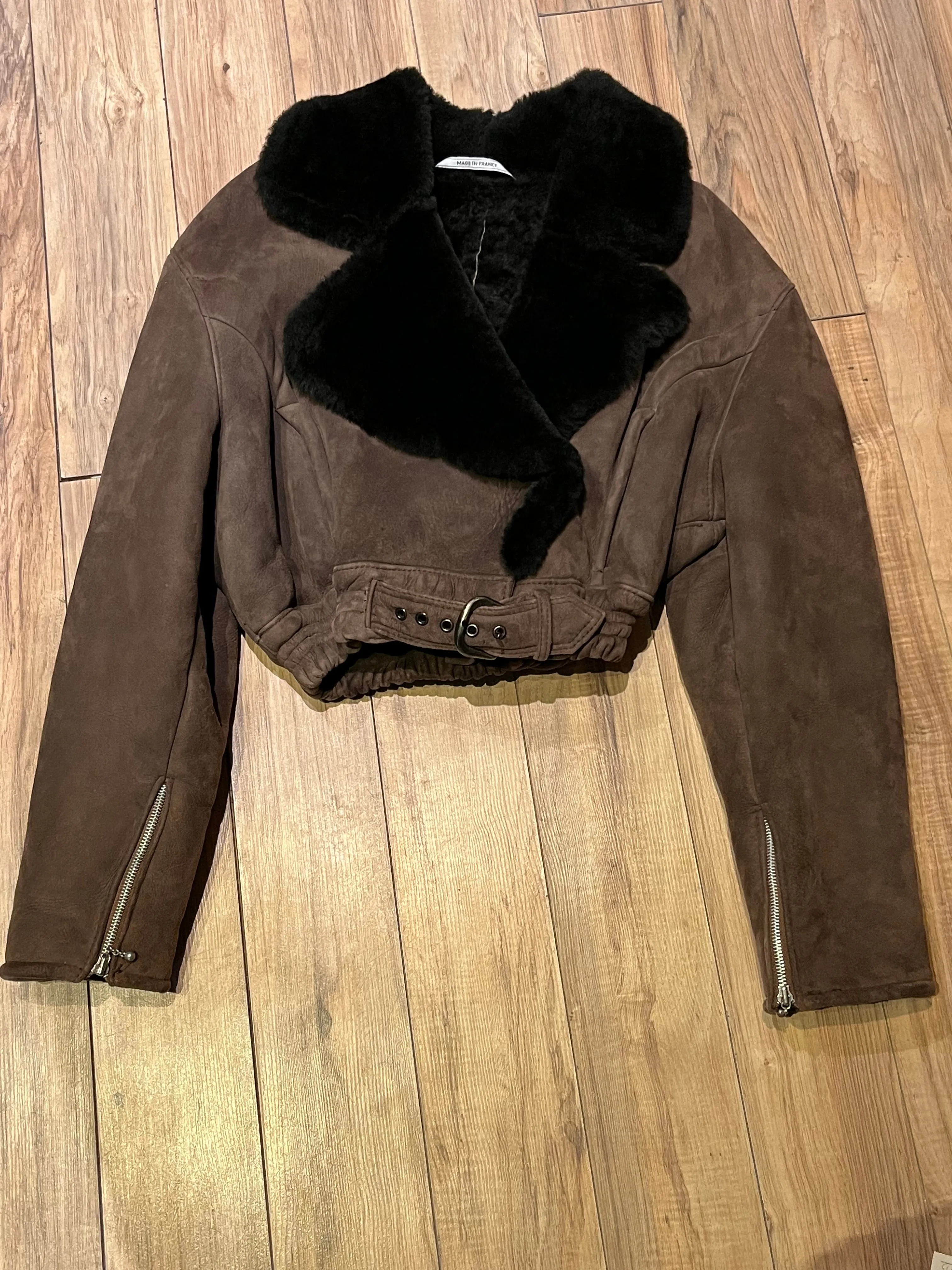 Vintage O’Ned Brown Shearling Cropped Pilot Jacket, Made in France, Chest 40"