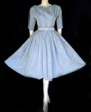 *VINTAGE TAFFETA PARTY COCKTAIL DRESS WITH SPARKLING RHINESTONE BOW & METAL ZIPPER IN HEAVENLY BLUE