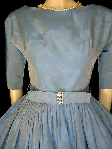 *VINTAGE TAFFETA PARTY COCKTAIL DRESS WITH SPARKLING RHINESTONE BOW & METAL ZIPPER IN HEAVENLY BLUE