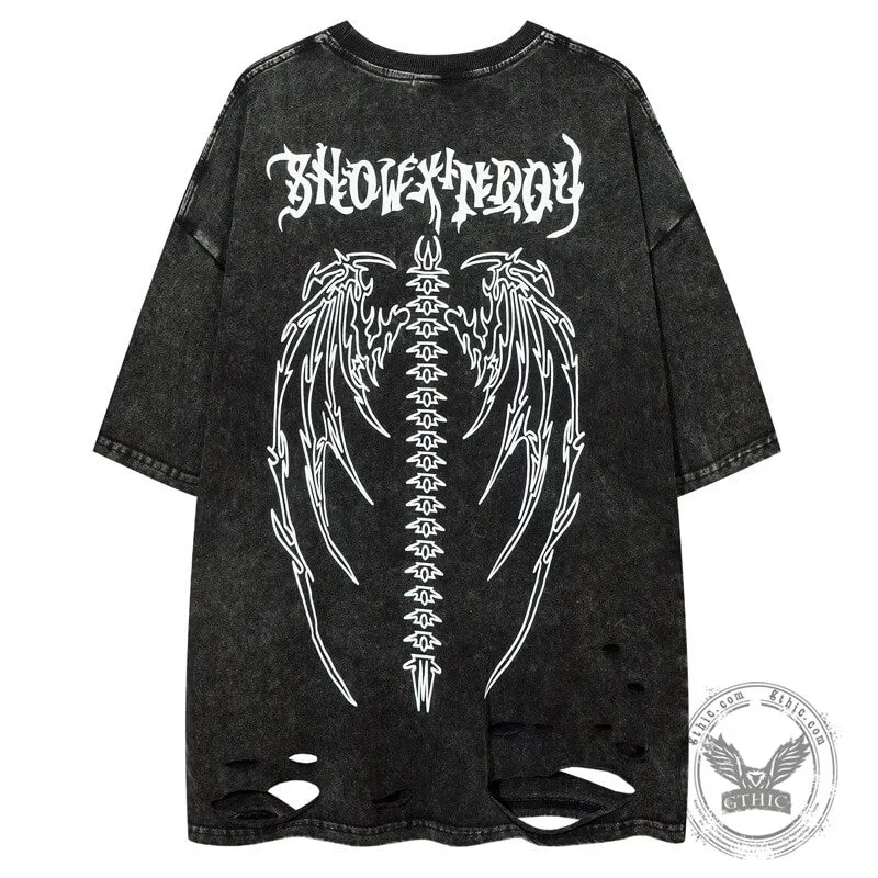 Vintage Washed Skeleton Wings Print Ripped T-shirt