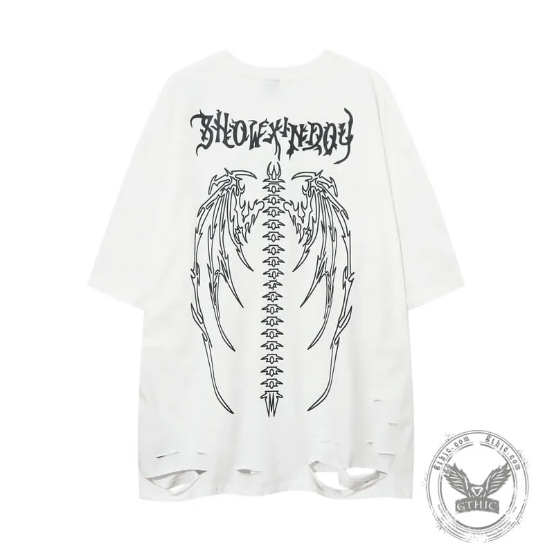 Vintage Washed Skeleton Wings Print Ripped T-shirt