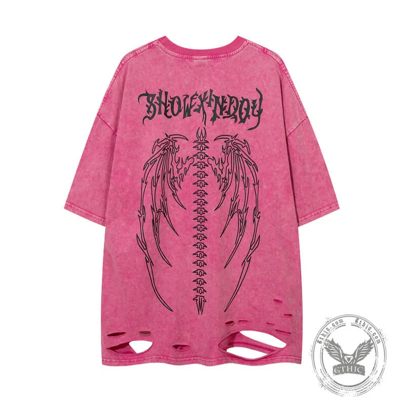 Vintage Washed Skeleton Wings Print Ripped T-shirt