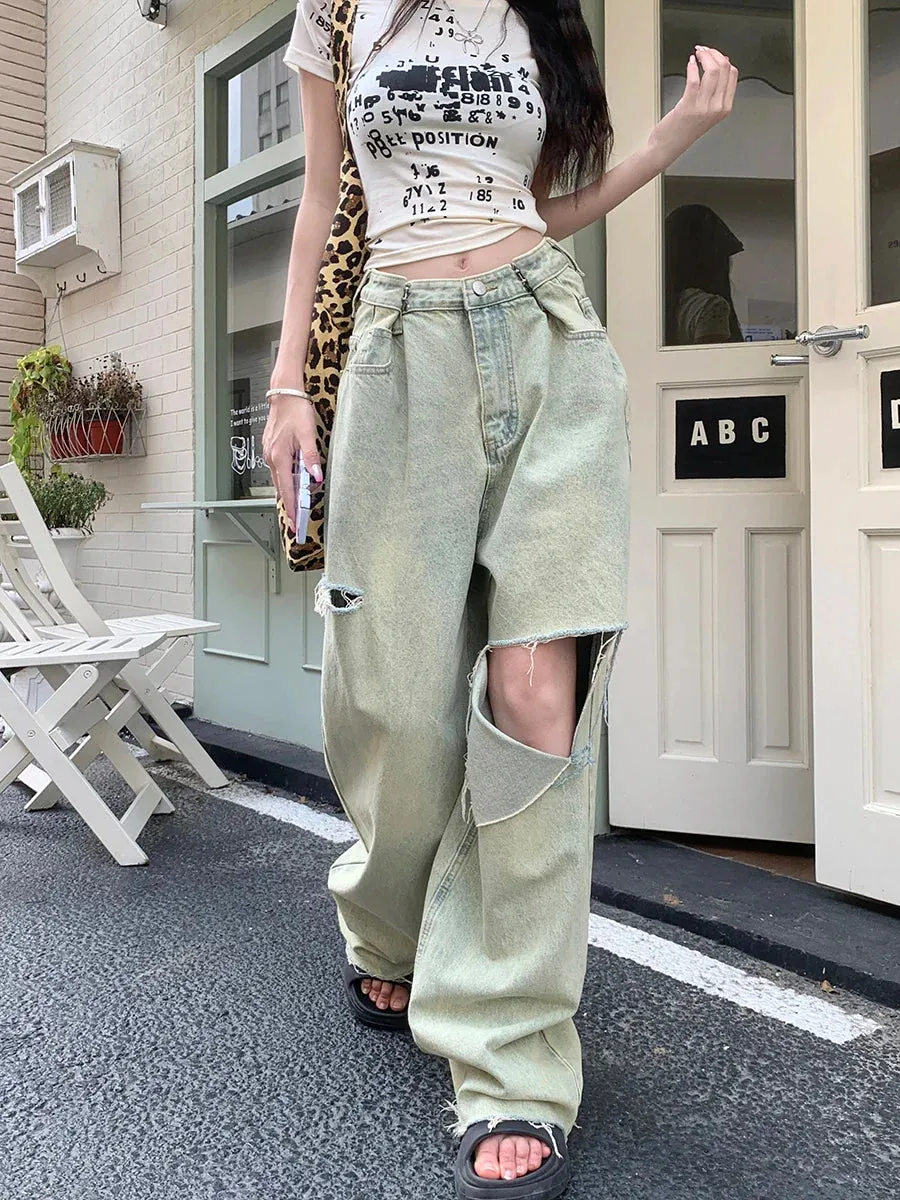 Washed Ripped Women's High Waist Y2k Streetwear Boyfriend Loose Raw Hem Straight Wide-Leg Jeans