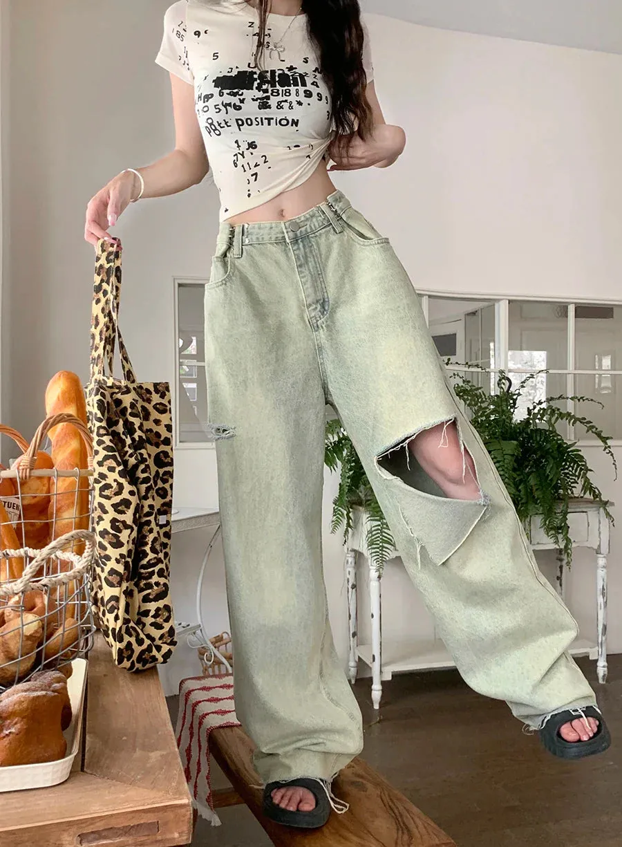 Washed Ripped Women's High Waist Y2k Streetwear Boyfriend Loose Raw Hem Straight Wide-Leg Jeans