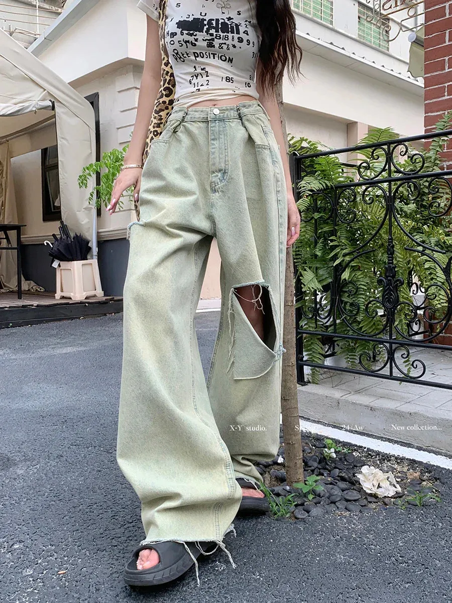 Washed Ripped Women's High Waist Y2k Streetwear Boyfriend Loose Raw Hem Straight Wide-Leg Jeans