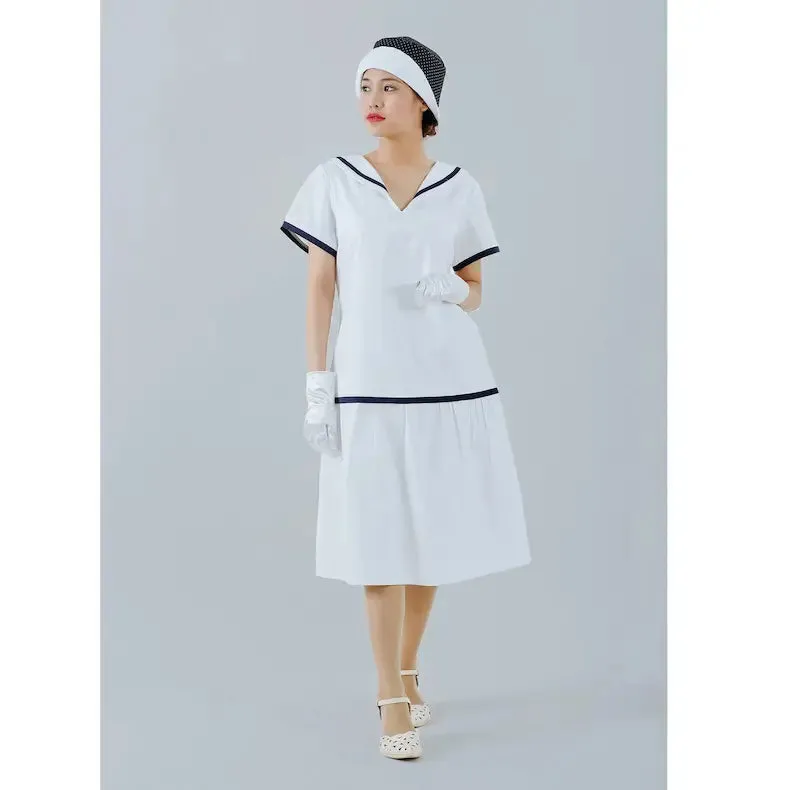 White cotton 1920s sailor dress with red or navy blue trim